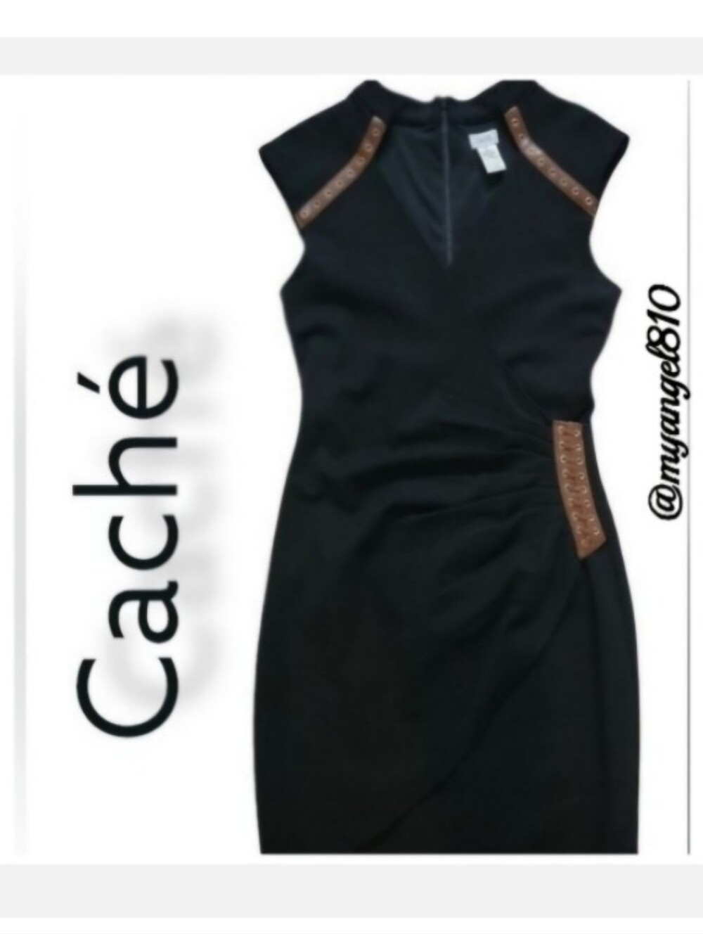 Cache Elegant Black Dress with Brown Leather/Gold Accents, Size 4